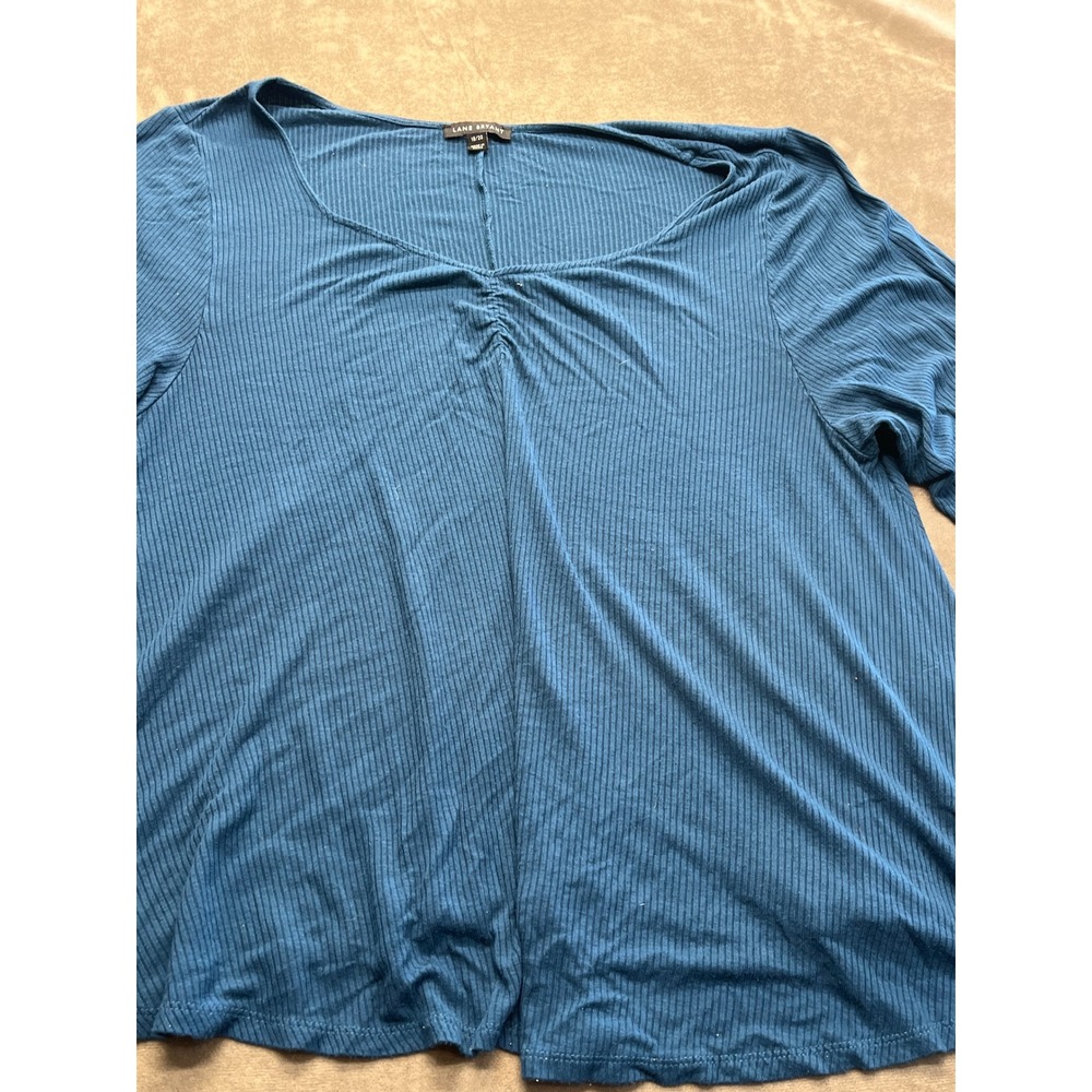 Lane Bryant Women Teal Blue Ribbed Knit Ruched Scoop Neck Short Sleeve Top 18/20